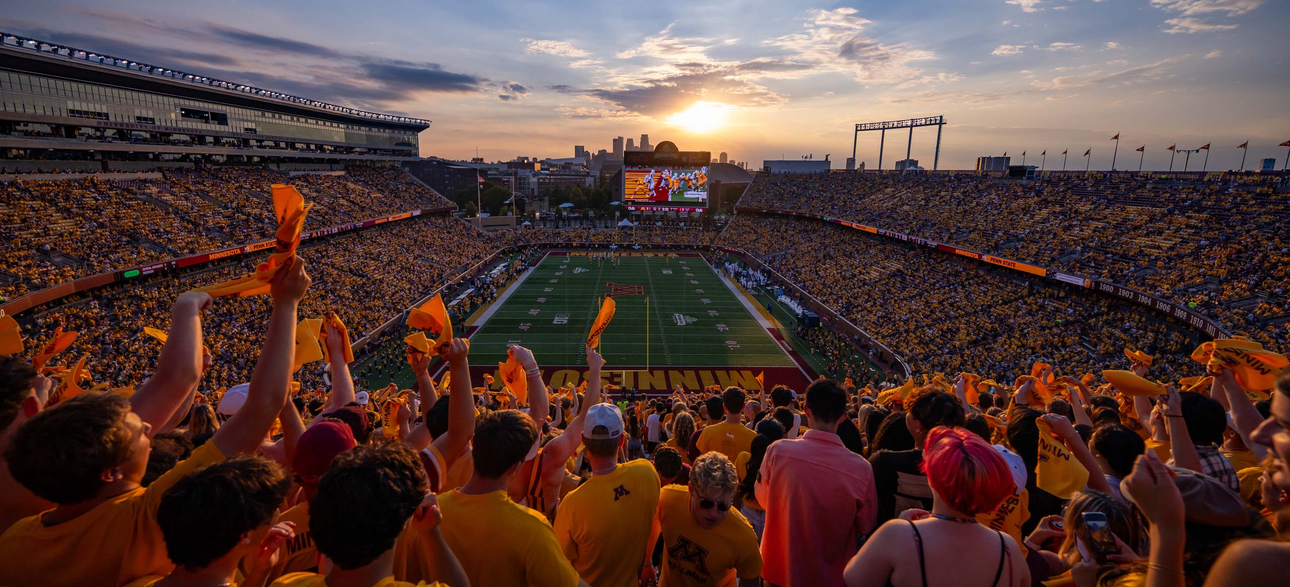 Aerial view of football stadium from behind fans
